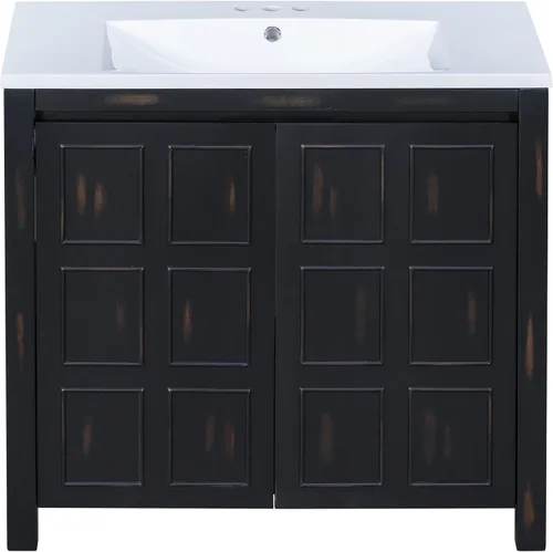 Vista 8 de LUMISOL Vanidad de baño de 36 pulgadas con fregadero de cerámica, armario de almacenamiento de baño de madera maciza con 2 puertas, tocador de baño