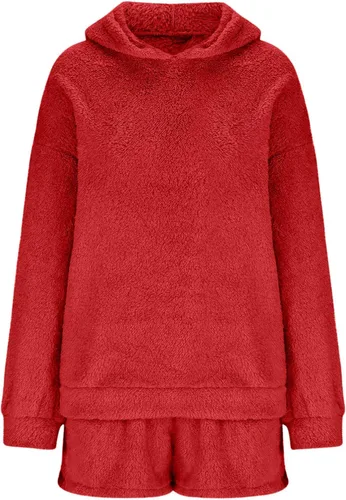 Vista 5 de Stessotudo Women Casual Sherpa Lounge Sets Long Sleeve Hoodie Tops Warm Matching Sets Solid Comfy Cozy Two Piece Short Sets