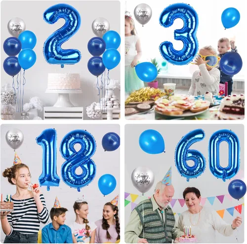 Vista 7 de Globos azules del número 18 de 40 pulgadas, globos de cumpleaños de 18 años, globos de látex azul claro y azul oscuro con impresión plateada