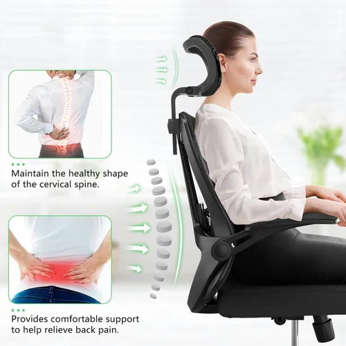 Vista 3 de Silla de oficina de malla, ergonómica con soporte lumbar, color negro, estilo moderno, respaldo de malla, bloqueo de inclinación de 90-135