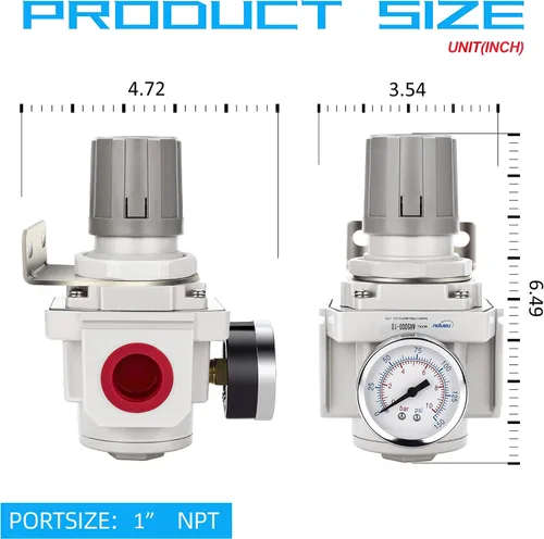 Vista 3 de NANPU Regulador de aire NPT de 1" para sistema de aire comprimido, calibre de acero protegido de 150 psi 150 psi Steel-Protected Gauge