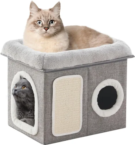 Vista 9 de WINDRACING Camas para gatos de interior - Casa extra amplia para mascotas y cama plegable para gatos con almohadilla para arañar, escondite