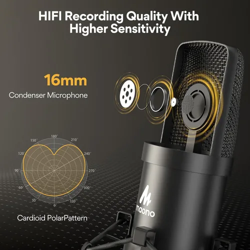 Vista 3 de Kit de micrófono USB de 192 KHZ/24 BIT Plug & Play MAONO AU-A04 USB para computadora, micrófono cardioide de condensador con chipset de sonido