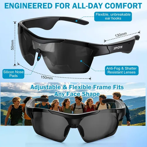 Vista 3 de Gafas de sol deportivas Bluetooth, lentes inteligentes con audio y altavoces integrados, protección UV polarizada, marco negro mate Open-Ear