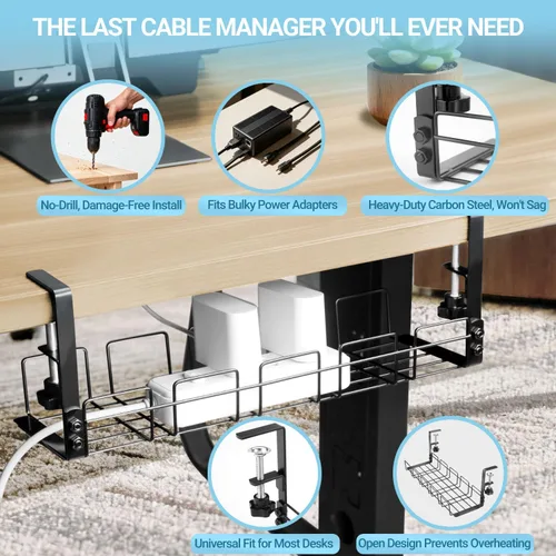 Vista 3 de Bandeja de organización de cables debajo del escritorio, organizador de alambre de metal de 15.7 pulgadas con abrazadera, estante de cables