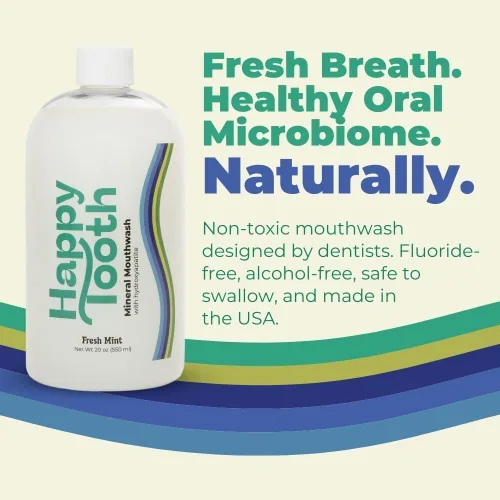 Vista 2 de Happy Tooth Enjuague bucal de hidroxiapatita, sin flúor, blanqueamiento dental, remineralizante para la fuerza del esmalte, aliento fresco, soporte