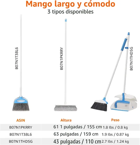 Vista 5 de Juego de escoba y recogedor Amazon Basics con montaje fácil y mango largo, azul y blanco