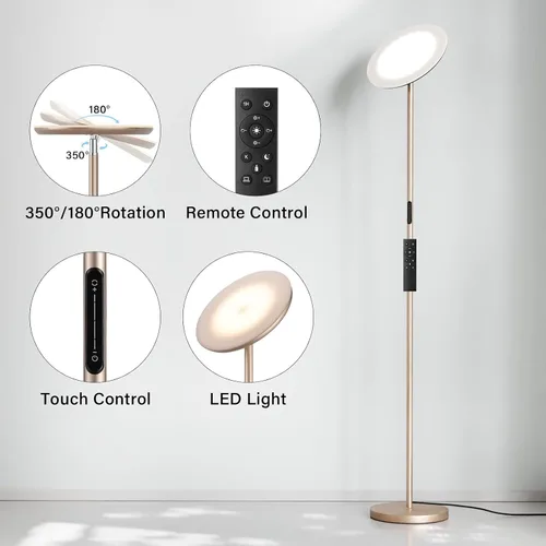 Vista 6 de Lámpara de pie LED con mando a distancia, 36 W/3000-5000 K, control táctil, totalmente regulable, brillo ajustable, 69 pulgadas, arena dorada
