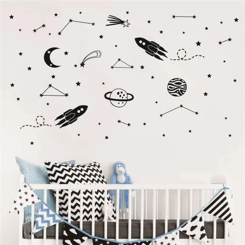 Vista 4 de Calcomanías de pared de cohete para niños, calcomanías de vinilo extraíbles con nave espacial, planetas, luna, estrellas y constelaciones