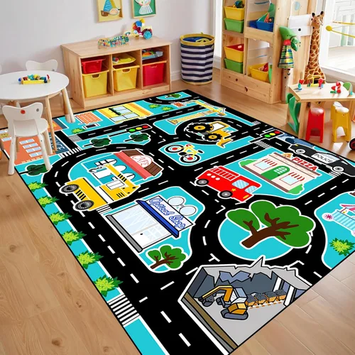 Vista 14 de Alfombra de juego para niños, alfombra de coche para niños, tapete de automóvil con mapa de vida de la ciudad para niños, juguete educativo