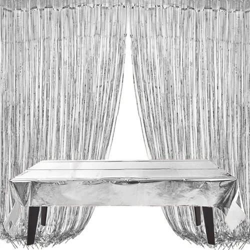 Vista 7 de Decoraciones de cumpleaños plateadas: pancarta de feliz cumpleaños de aluminio, mantel, cortinas de flecos, bandera de pastel, globos de estrella