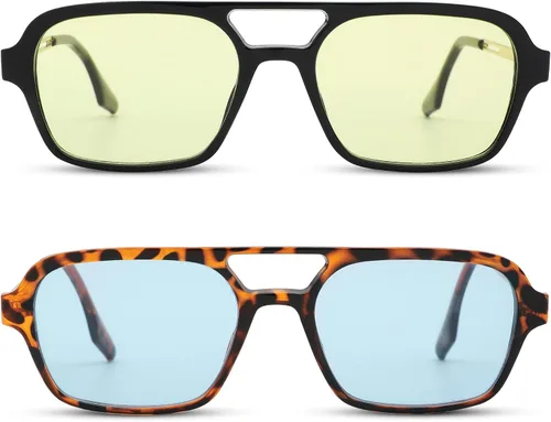 Vista 4 de Hycredi Lentes de sol planos estilo aviador retro de los años 70, gafas cuadradas vintage de moda para mujeres y hombres, diseño de metal, sombras