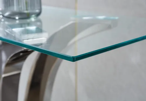 Vista 6 de 1 mesa de consola para sala de estar, mesa de entrada de cristal de lujo, moderna mesa de consola plateada con base de pedestal de acero inoxidable