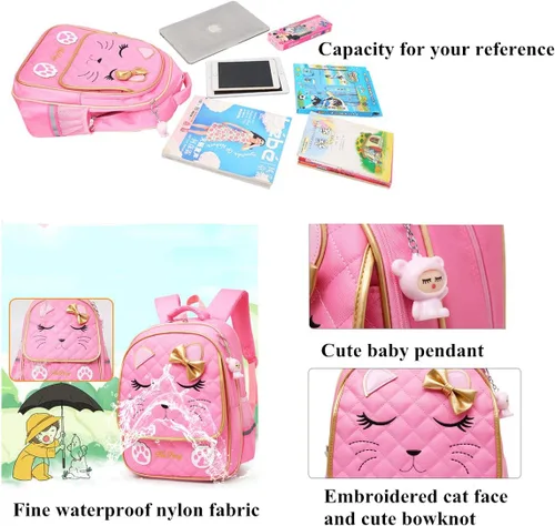 Vista 11 de Juego de 2 mochilas escolares con lazos para niñas y estudiantes, diseño de princesa para escuela primaria, 2pcs Negro-s, 2Pcs BagSet S