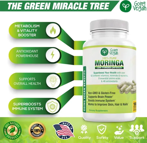 Vista 2 de Cápsulas de Moringa, 180 píldoras veganas de hoja de oleifera pura en polvo, 1200 mg por porción, suplemento sin OMG y sin gluten, suministro de 3