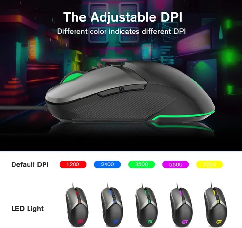 Vista 2 de RaceGT Ratón para juegos con cable, ratón óptico USB para computadora con alta precisión ajustable hasta 8000 DPI, mouse USB ergonómico
