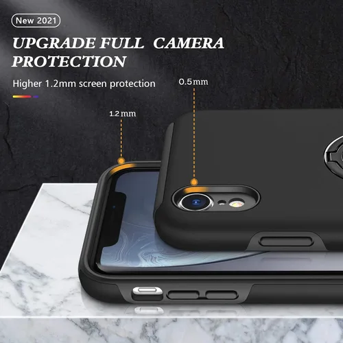 Vista 5 de Funda compatible con iPhone XR con protector de pantalla de vidrio templado para hombres, funda protectora ligera 2 en 1 con soporte de anillo