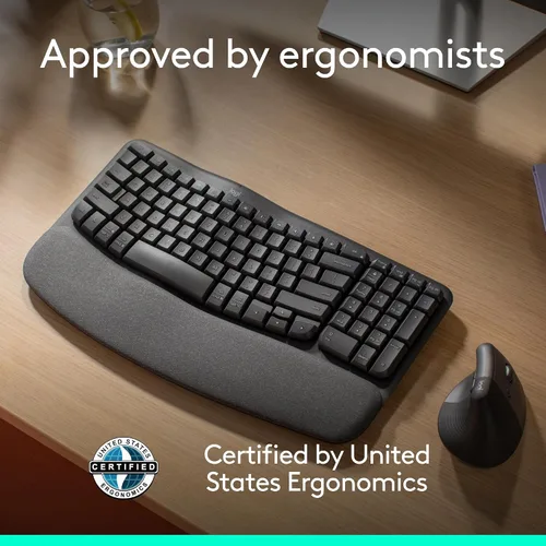 Vista 5 de Logitech Wave Keys - Teclado inalámbrico ergonómico con reposamanos, color grafito Para una postura de escritura natural, conecta hasta 3