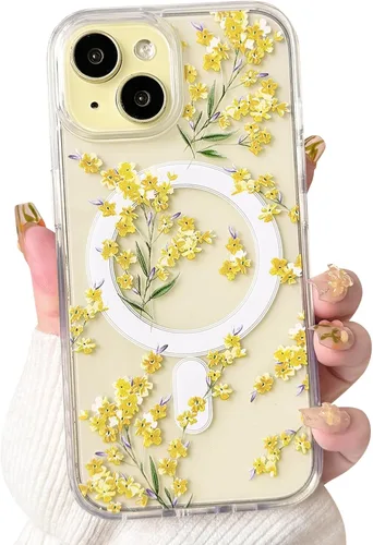 Vista 83 de NITITOP Funda magnética transparente compatible con iPhone 14 Plus/15 Plus, compatible con MagSafe lindas flores, hojas florales para mujeres
