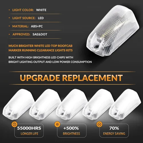 Vista 3 de Luces de Marcador de Techo de Cabina Blancas Led para 2014-2023 Dodge Ram ProMaster 1500 2500 3500, 5 Piezas (Lente Transparente)