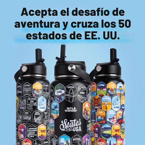 Vista 4 de LET'S WANDER Lets Wander 50 States - Botella de agua con calcomanías impermeables, acero inoxidable aislado a prueba de fugas de 32 onzas