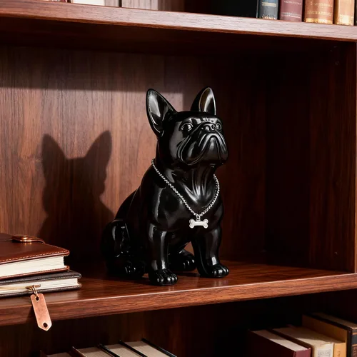 Vista 2 de Estatua negra de bulldog francés, estatua de pug sentado de resina, escultura de bulldog inglés para decoración del hogar, decoración de escritorio