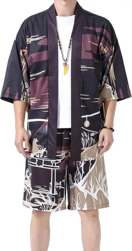 Vista 13 de PRIJOUHE Mens Kimono Two Piece Set Japanese Yukata Summer Beach Outfits