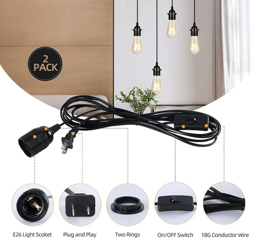 Vista 2 de Paquete de 2 lámparas colgantes HUIBONA enchufables, cable de linterna colgante vintage de 15 pies, enchufe E26/E27, kit negro con interruptor