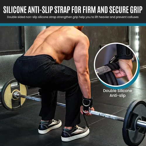 Vista 4 de Correas de levantamiento de pesas con anillos en D, correas acolchadas para levantamiento de pesas, correas de gimnasio antideslizantes