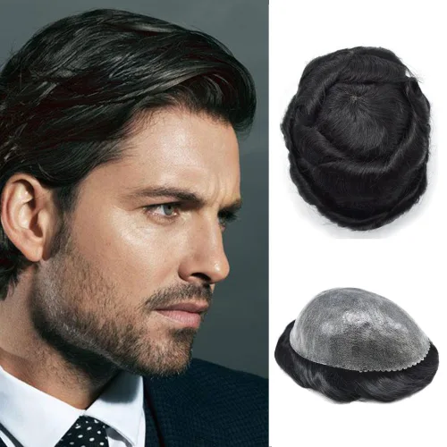 Vista 80 de Toupee para hombres Toupee - Sistema de reemplazo de cabello humano completo de poli piel fina para hombre, postizos inyectados PU para hombre