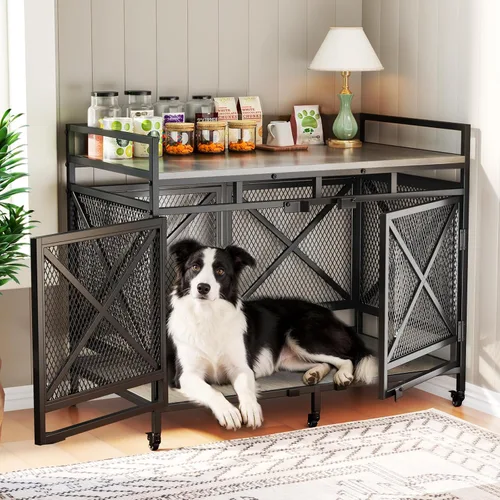 Vista 8 de COZPAW Mueble de jaula grande para perros - Jaula de interior de 48 pulgadas de alta resistencia para raza extragrande con puertas dobles, jaula