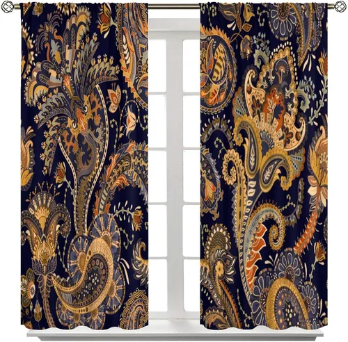 Vista 259 de Cortinas opacas con estampado de flores de cachemira, estampado de cachemira sobre fondo blanco, para decoración del hogar, cocina, restaurante