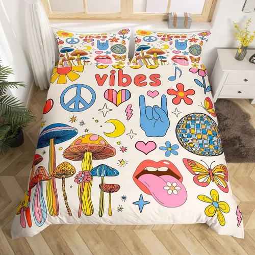 Vista 10 de Groovy Flowers - Funda de edredón de flores hippy girl, juego de ropa de cama con diseño de flores de arco iris, espiral, rayas, floral, juego