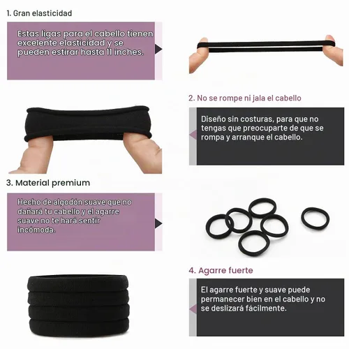 Vista 3 de 100 unidades de gomas de pelo negras para mujeres, bandas de pelo de algodón sin costuras, gomas de pelo sin arrugas ni daños para cabello grueso