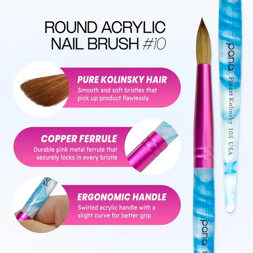 Vista 2 de PANA Pure Kolinsky - Cepillo de uñas acrílicas para el cabello, forma redonda, casquillo rosa con mango azul remolino blanco (talla 10)