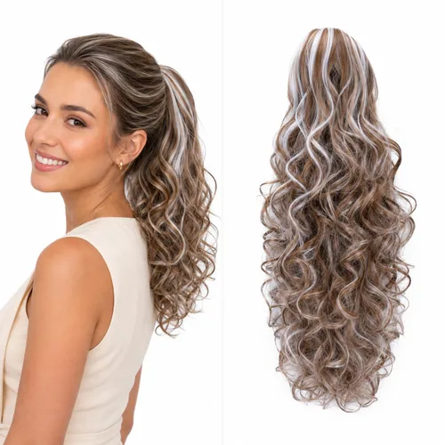 Vista 30 de CAISHA Extensiones de cola de caballo de 18 pulgadas, voluminosas, onduladas, marrón ceniza, mezcla de rubio claro PH35