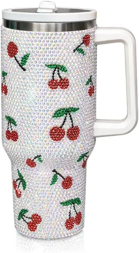 Vista 15 de Vaso de 40 onzas con tachuelas de strass con mango, popote y tapa, botella de agua de acero inoxidable aislada de doble capa para mujeres, taza