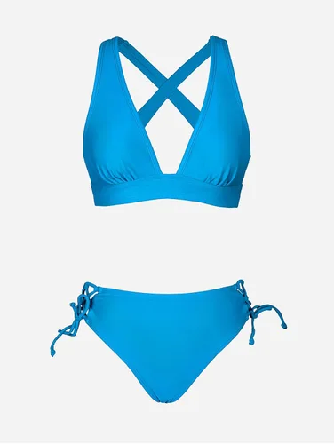 Vista 5 de CUPSHE Conjunto de bikini para mujer, traje de baño de dos piezas con cuello en V, parte superior triangular, tirantes anchos, espalda cruzada