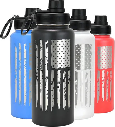 Vista 8 de DRINCO Botella de agua de acero inoxidable con tapa de boquilla, aislada al vacío, botella de agua de doble pared, bandera de Estados Unidos 30oz US