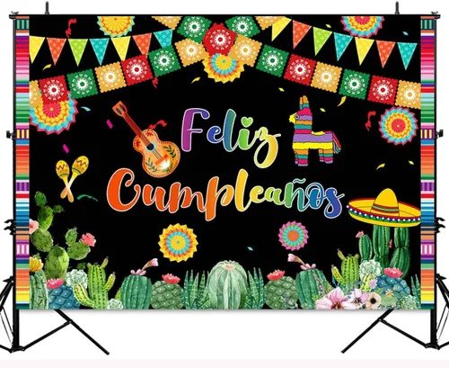 Vista 2 de Telón de fondo de Feliz Cumpleaños, fiesta mexicana, decoración de fiesta de feliz cumpleaños, Cinco de Mayo, Taco, carnaval, fotografía, fondo
