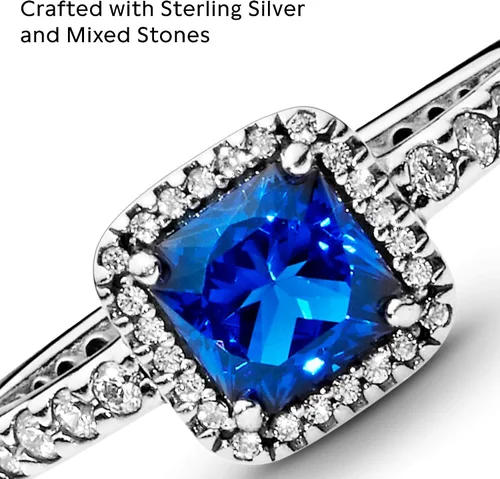 Vista 4 de PANDORA Jewelry - Anillo cuadrado azul con halo de cristal y circonita cúbica en plata de ley, talla 7, Metal Cristal, Zirconia cúbica