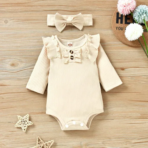Vista 4 de Aalizzwell Conjunto de mameluco acanalado para bebés y niñas prematuros, para otoño e invierno Beige