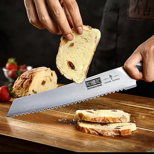 Vista 5 de HOSHANHO Cuchillo de pan de 8 pulgadas, cuchillo de pan serrado japonés de acero inoxidable de alto carbono, cuchillo profesional para cortar pan