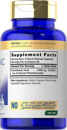 Vista 2 de Carlyle Vitamina B5 de ácido pantoténico 1000 mg 100 cápsulas Suplemento sin OMG, sin gluten