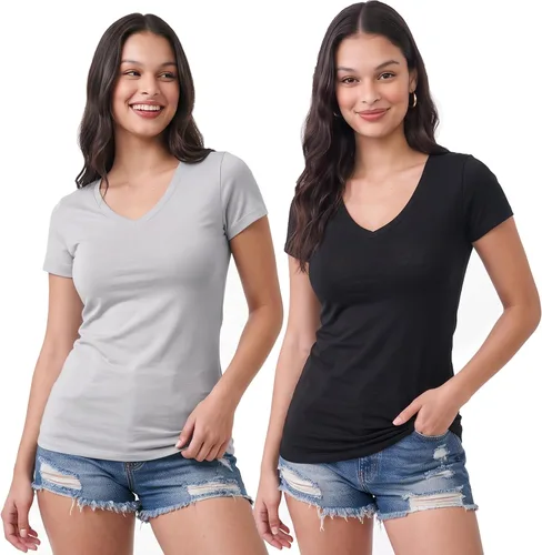 Vista 124 de Emmalise Camiseta de manga corta para mujer, cuello en V, tallas junior y plus