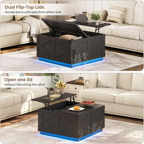 Vista 5 de Jocoevol Mesa auxiliar con tapa elevable, mesa central cuadrada de madera con iluminación LED, estación de carga USB-C y compartimento