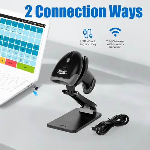 Vista 2 de Escáner de código QR con soporte plegable, escáner de código de barras 1D 2D 2.4G conexión inalámbrica y USB con cable, lector de código de barras