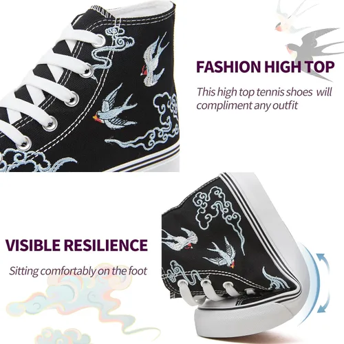Vista 2 de kufeiti Zapatillas de lona altas para mujer, zapatos de lona con cordones, zapatillas blancas y negras, zapatos casuales para caminar