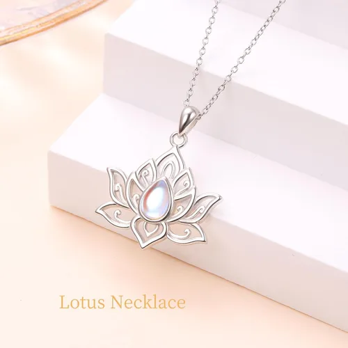 Vista 4 de FLYOW Collar de loto para mujer, plata de ley 925, piedra lunaturquesa, colgante de loto para niñas, aliviar la ansiedad y el estrés, regalos