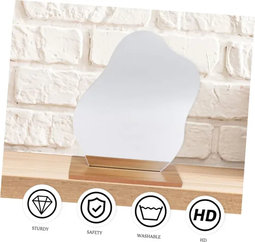Vista 8 de Espejo de maquillaje de escritorio irregular con soporte, espejo de tocador plateado estético para mujer, diseño compacto con función de aumento